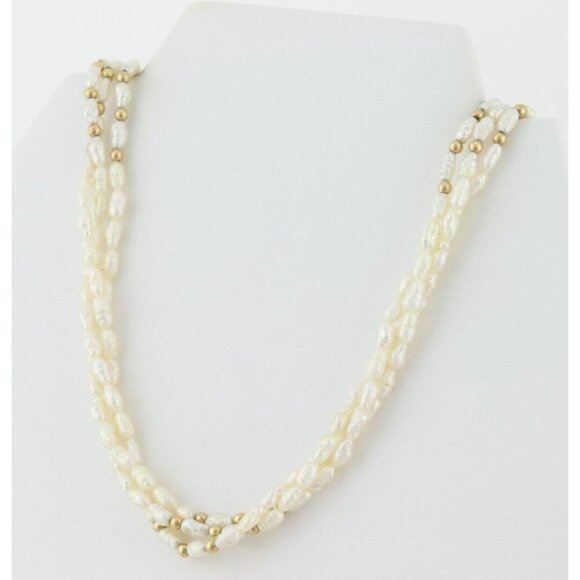 14k Yellow Gold Rice Pearl Gold Bead Three Strand Long 30" Necklace - Picture 1 of 8